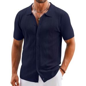 imageCOOFANDY Mens Knit Button Down Shirts Short Sleeve Vintage Polo Shirt Casual Vacation Beach ShirtsNavy Blue