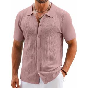 imageCOOFANDY Mens Knit Button Down Shirts Short Sleeve Vintage Polo Shirt Casual Vacation Beach ShirtsPink