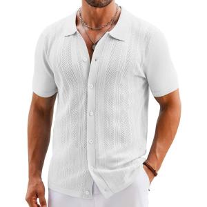 imageCOOFANDY Mens Knit Button Down Shirts Short Sleeve Vintage Polo Shirt Casual Vacation Beach ShirtsWhite