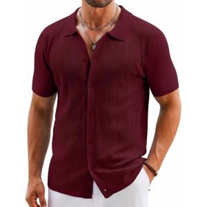 imageCOOFANDY Mens Knit Button Down Shirts Short Sleeve Vintage Polo Shirt Casual Vacation Beach ShirtsWine Red