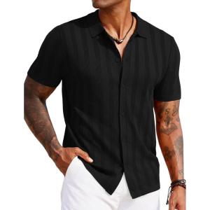 imageCOOFANDY Mens Knit Polo Shirt Vintage Button Down Shirt Short Sleeve Hawaiian Shirt 2025 Summer Fashion Beach ShirtsBlack