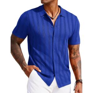 imageCOOFANDY Mens Knit Polo Shirt Vintage Button Down Shirt Short Sleeve Hawaiian Shirt 2025 Summer Fashion Beach ShirtsBlue2