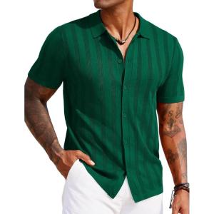 imageCOOFANDY Mens Knit Polo Shirt Vintage Button Down Shirt Short Sleeve Hawaiian Shirt 2025 Summer Fashion Beach ShirtsGreen