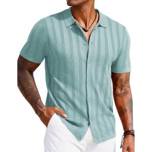 imageCOOFANDY Mens Knit Polo Shirt Vintage Button Down Shirt Short Sleeve Hawaiian Shirt 2025 Summer Fashion Beach ShirtsIce Green