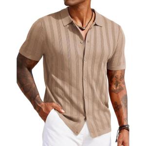imageCOOFANDY Mens Knit Polo Shirt Vintage Button Down Shirt Short Sleeve Hawaiian Shirt 2025 Summer Fashion Beach ShirtsKhaki