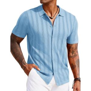 imageCOOFANDY Mens Knit Polo Shirt Vintage Button Down Shirt Short Sleeve Hawaiian Shirt 2025 Summer Fashion Beach ShirtsLight Blue