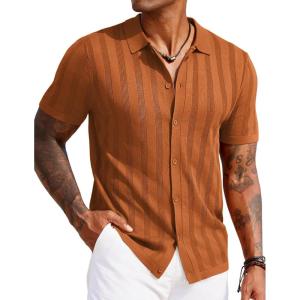 imageCOOFANDY Mens Knit Polo Shirt Vintage Button Down Shirt Short Sleeve Hawaiian Shirt 2025 Summer Fashion Beach ShirtsLight Brown