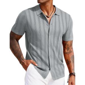 imageCOOFANDY Mens Knit Polo Shirt Vintage Button Down Shirt Short Sleeve Hawaiian Shirt 2025 Summer Fashion Beach ShirtsLight Grey