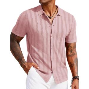 imageCOOFANDY Mens Knit Polo Shirt Vintage Button Down Shirt Short Sleeve Hawaiian Shirt 2025 Summer Fashion Beach ShirtsPink