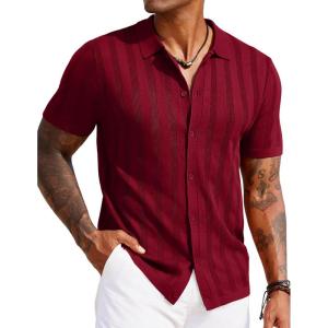 imageCOOFANDY Mens Knit Polo Shirt Vintage Button Down Shirt Short Sleeve Hawaiian Shirt 2025 Summer Fashion Beach ShirtsWine Red
