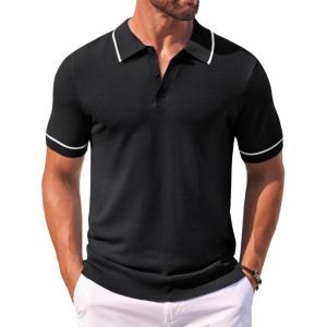 imageCOOFANDY Mens Knit Polo Shirts Casual Short Sleeve Button Down Shirts Crochet Classic Golf Polo Collared ShirtsBlack