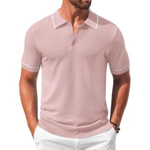 imageCOOFANDY Mens Knit Polo Shirts Casual Short Sleeve Button Down Shirts Crochet Classic Golf Polo Collared ShirtsBright Pink