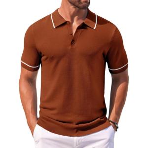 imageCOOFANDY Mens Knit Polo Shirts Casual Short Sleeve Button Down Shirts Crochet Classic Golf Polo Collared ShirtsCaramel