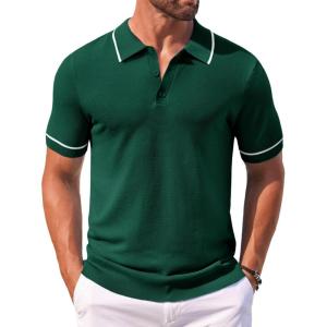 imageCOOFANDY Mens Knit Polo Shirts Casual Short Sleeve Button Down Shirts Crochet Classic Golf Polo Collared ShirtsGreen