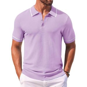imageCOOFANDY Mens Knit Polo Shirts Casual Short Sleeve Button Down Shirts Crochet Classic Golf Polo Collared ShirtsLight Purple