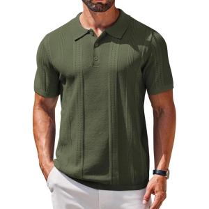 imageCOOFANDY Mens Knit Polo Shirts Short Sleeve Collared Golf Shirt Hollow Out Textured TShirt Summer Fashion TopsArmy Green