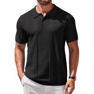 imageCOOFANDY Mens Knit Polo Shirts Short Sleeve Collared Golf Shirt Hollow Out Textured TShirt Summer Fashion TopsBlack