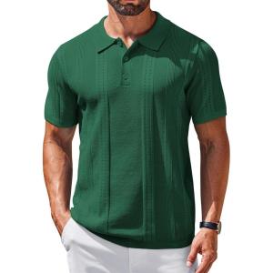 imageCOOFANDY Mens Knit Polo Shirts Short Sleeve Collared Golf Shirt Hollow Out Textured TShirt Summer Fashion TopsDark Green