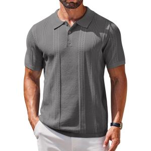 imageCOOFANDY Mens Knit Polo Shirts Short Sleeve Collared Golf Shirt Hollow Out Textured TShirt Summer Fashion TopsDark Grey