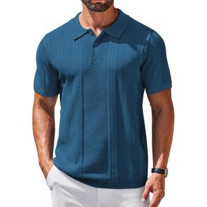 imageCOOFANDY Mens Knit Polo Shirts Short Sleeve Collared Golf Shirt Hollow Out Textured TShirt Summer Fashion TopsDenim Blue