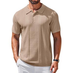 imageCOOFANDY Mens Knit Polo Shirts Short Sleeve Collared Golf Shirt Hollow Out Textured TShirt Summer Fashion TopsKhaki