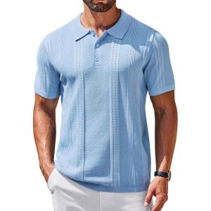 imageCOOFANDY Mens Knit Polo Shirts Short Sleeve Collared Golf Shirt Hollow Out Textured TShirt Summer Fashion TopsLight Blue