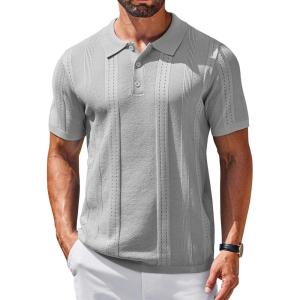 imageCOOFANDY Mens Knit Polo Shirts Short Sleeve Collared Golf Shirt Hollow Out Textured TShirt Summer Fashion TopsLight Grey