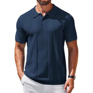 imageCOOFANDY Mens Knit Polo Shirts Short Sleeve Collared Golf Shirt Hollow Out Textured TShirt Summer Fashion TopsNavy Blue