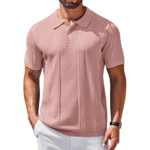 imageCOOFANDY Mens Knit Polo Shirts Short Sleeve Collared Golf Shirt Hollow Out Textured TShirt Summer Fashion TopsPink