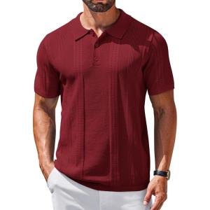 imageCOOFANDY Mens Knit Polo Shirts Short Sleeve Collared Golf Shirt Hollow Out Textured TShirt Summer Fashion TopsWine Red