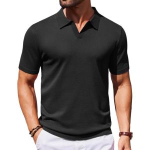 imageCOOFANDY Mens Knit Polo Shirts V Neck Short Sleeve Stretch Polo T Shirt Casual Golf ShirtsBlack