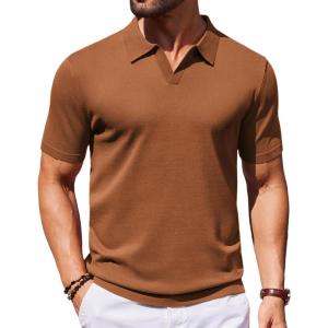 imageCOOFANDY Mens Knit Polo Shirts V Neck Short Sleeve Stretch Polo T Shirt Casual Golf ShirtsCaramel