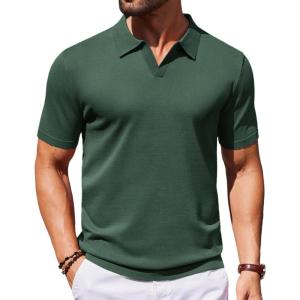 imageCOOFANDY Mens Knit Polo Shirts V Neck Short Sleeve Stretch Polo T Shirt Casual Golf ShirtsDark Green