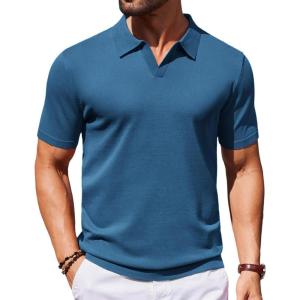 imageCOOFANDY Mens Knit Polo Shirts V Neck Short Sleeve Stretch Polo T Shirt Casual Golf ShirtsDemin Blue