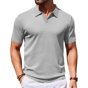 imageCOOFANDY Mens Knit Polo Shirts V Neck Short Sleeve Stretch Polo T Shirt Casual Golf ShirtsGray