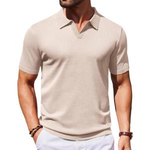 imageCOOFANDY Mens Knit Polo Shirts V Neck Short Sleeve Stretch Polo T Shirt Casual Golf ShirtsKhaki