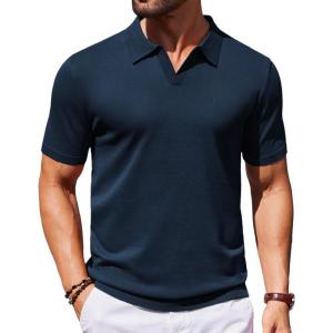 imageCOOFANDY Mens Knit Polo Shirts V Neck Short Sleeve Stretch Polo T Shirt Casual Golf ShirtsNavy Blue