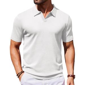 imageCOOFANDY Mens Knit Polo Shirts V Neck Short Sleeve Stretch Polo T Shirt Casual Golf ShirtsWhite