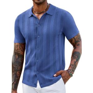 imageCOOFANDY Mens Knit Shirts Short Sleeve Casual Button Down Polo Shirt Summer Beach Vacation ShirtsDenim Blue
