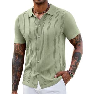 imageCOOFANDY Mens Knit Shirts Short Sleeve Casual Button Down Polo Shirt Summer Beach Vacation ShirtsLight Green