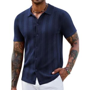 imageCOOFANDY Mens Knit Shirts Short Sleeve Casual Button Down Polo Shirt Summer Beach Vacation ShirtsNavy Blue