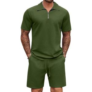 imageCOOFANDY Mens Track Suits 2 Piece Set Casual Quarter Zip Polo Shirt and Shorts Set Sweatsuit Summer OutfitsArmy Green