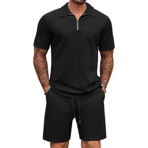 imageCOOFANDY Mens Track Suits 2 Piece Set Casual Quarter Zip Polo Shirt and Shorts Set Sweatsuit Summer OutfitsBlack