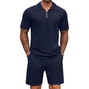 imageCOOFANDY Mens Track Suits 2 Piece Set Casual Quarter Zip Polo Shirt and Shorts Set Sweatsuit Summer OutfitsDark Blue