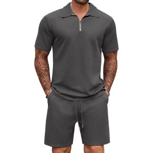 imageCOOFANDY Mens Track Suits 2 Piece Set Casual Quarter Zip Polo Shirt and Shorts Set Sweatsuit Summer OutfitsDark Grey
