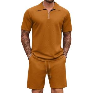 imageCOOFANDY Mens Track Suits 2 Piece Set Casual Quarter Zip Polo Shirt and Shorts Set Sweatsuit Summer OutfitsLight Brown