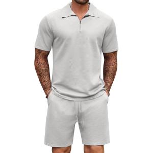 imageCOOFANDY Mens Track Suits 2 Piece Set Casual Quarter Zip Polo Shirt and Shorts Set Sweatsuit Summer OutfitsLight Grey