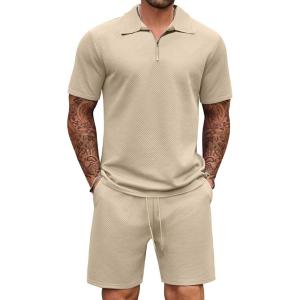 imageCOOFANDY Mens Track Suits 2 Piece Set Casual Quarter Zip Polo Shirt and Shorts Set Sweatsuit Summer OutfitsLight Khaki