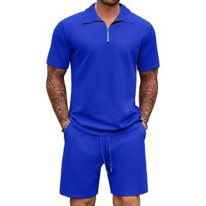 imageCOOFANDY Mens Track Suits 2 Piece Set Casual Quarter Zip Polo Shirt and Shorts Set Sweatsuit Summer OutfitsSapphire