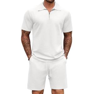 imageCOOFANDY Mens Track Suits 2 Piece Set Casual Quarter Zip Polo Shirt and Shorts Set Sweatsuit Summer OutfitsWhite